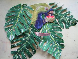 Fig leaves and fig eating parrot , colours of the tropics by Yvonne Chapman Brooks