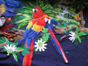 Parrot panel in the making. Colours of the tropics Yvonne Chapman Brooks